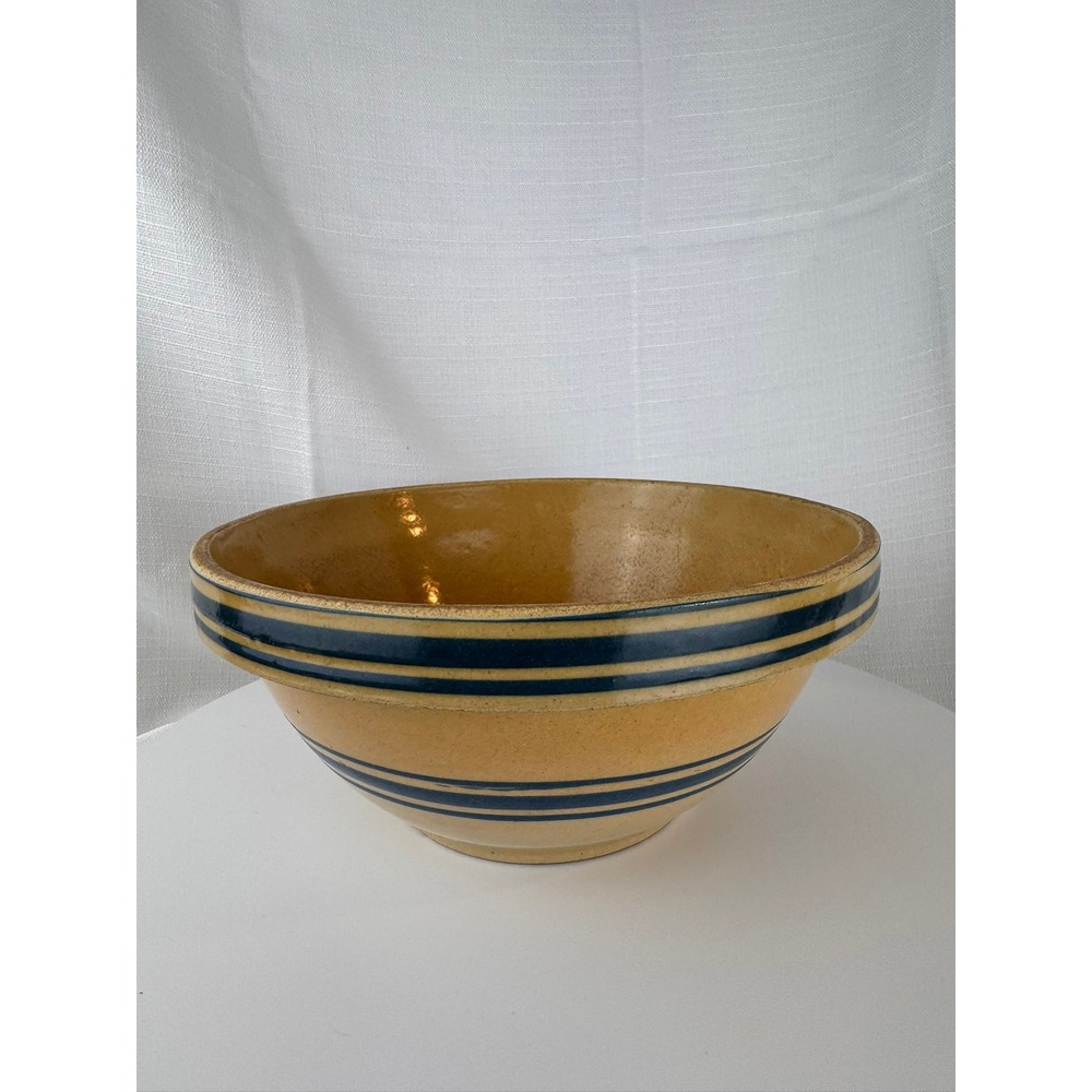 Antique Yellow Ware Mixing Bowl 10" Cobalt Blue Bands Stoneware Farmhouse